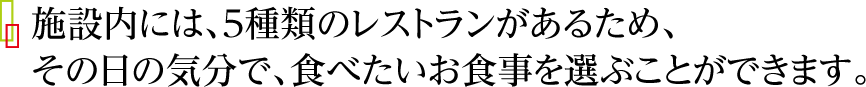 施設内には、５種類のレストランがあるため、その日の気分で、食べたいお食事を選ぶことができます。
